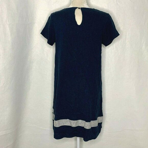 Brass Roe by CTS Shift Dress M Blue White Embroidery Button Keyhole Back - Picture 4 of 6